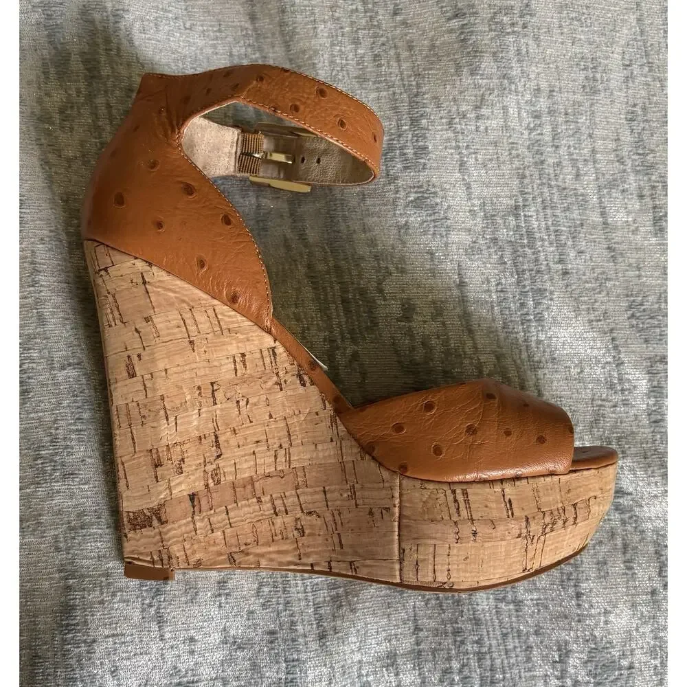 MICHAEL Michael Kors Brown Ostrich Embossed Cork Platform Wedge Sandals Size 6.5
